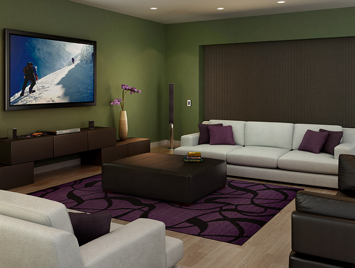 Lutron Media room with smart lighting and roller shades